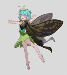 Rule 34 | 1girl, antennae, aqua hair, bad id, bad pixiv id, barefoot, blush, butterfly wings, dress, eternity larva, fairy, full body, green dress, grey background, hair between eyes, highres, insect wings, leaf, leaf on head, multicolored clothes, multicolored dress, oooomiga, open mouth, purple eyes, short hair, short sleeves, simple background, single strap, smile, solo, third-party source, touhou, wings