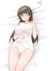 Rule 34 | 1girl, absurdres, black hair, breasts, choukai (kancolle), cowboy shot, dated, glasses, headgear, highres, kantai collection, large breasts, long hair, looking at viewer, lying, maru (marg0613), one-hour drawing challenge, one-piece swimsuit, red eyes, rimless eyewear, school swimsuit, solo, swimsuit, twitter username, white one-piece swimsuit