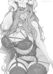 Rule 34 | 1girl, absurdres, arrancar, bare shoulders, bleach, breasts, cleavage, facial mark, garter belt, garter straps, greyscale, hair ornament, highres, huge breasts, kuromoro, leaning forward, lingerie, long hair, looking at viewer, makeup, mascara, messy hair, monochrome, navel, nelliel tu odelschwanck, nipples, o-ring, o-ring top, panties, panty pull, plump, see-through, sitting, skull, skull hair ornament, solo, thick thighs, thighhighs, thighs, thong, underwear