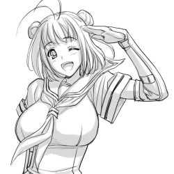 Rule 34 | 10s, 1girl, ;d, alternate breast size, antenna hair, breasts, double bun, elbow gloves, gloves, greyscale, hair bun, kantai collection, large breasts, magaki ryouta, monochrome, naka (kancolle), one eye closed, open mouth, salute, school uniform, serafuku, short hair, short sleeves, simple background, smile, solo, upper body, white background