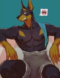Rule 34 | 1boy, abs, absurdres, animal ears, bara, bathtub, black fur, blue background, body fur, brown eyes, brown fur, claws, clenched teeth, completely nude, dobermann, dog boy, dog ears, dog tail, fangs, furry, furry male, highres, k0bit0wani, looking at viewer, male focus, nipples, nude, original, sharp teeth, simple background, sitting, solo, spoken object, tail, teeth, toned, toned male, towel, towel on one shoulder, water, wet