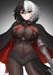 Rule 34 | 1girl, absurdres, azur lane, black capelet, black hair, bodystocking, breasts, brown eyes, bruenhilde (azur lane), capelet, closed mouth, covered navel, cowboy shot, cross, gauntlets, hair between eyes, hand up, highres, horns, iron cross, large breasts, looking at viewer, multicolored hair, short hair, solo, split-color hair, ueyama 0clock, waist cape, white hair