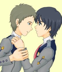Rule 34 | 10s, 2boys, blonde hair, blue eyes, brown eyes, brown hair, darling in the franxx, face-to-face, facing another, forehead-to-forehead, hands on another&#039;s wrists, haruka ojema, heads together, hiro (darling in the franxx), long sleeves, looking at another, male focus, military, military uniform, mitsuru (darling in the franxx), multiple boys, necktie, red neckwear, short hair, uniform