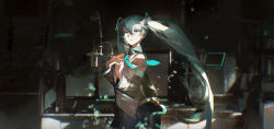 Rule 34 | 1girl, aqua eyes, aqua hair, aqua necktie, chestnut mouth, commentary request, detached sleeves, film grain, grey shirt, hands on own chest, hatsune miku, highres, indoors, lobelia (saclia), long hair, looking at viewer, microphone, microphone stand, monitor, necktie, open mouth, shirt, solo, sweat, teeth, unhappy, upper body, upper teeth only, very long hair, vocaloid