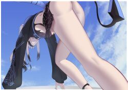 Rule 34 | 1girl, absurdres, ass, black hair, colored tips, fate/grand order, fate (series), feet out of frame, highres, legs, mask, melusine (fate), melusine (swimsuit ruler) (fate), melusine (swimsuit ruler) (first ascension) (fate), mouth mask, multicolored hair, no-game-no-god, sky, solo, white hair