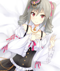 Rule 34 | 10s, 1girl, bare shoulders, bed sheet, brown eyes, detached collar, dress, drill hair, grey hair, hat, highres, idolmaster, idolmaster cinderella girls, jewelry, kanzaki ranko, looking at viewer, necklace, revision, shuuichi, smile, solo, twin drills