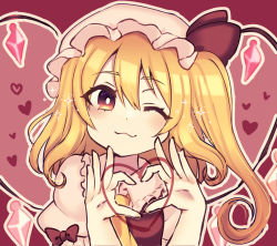 Rule 34 | 1girl, ;3, ascot, bow, bright pupils, closed mouth, crystal, flandre scarlet, hat, hat ribbon, heart, heart hands, highres, looking at viewer, mob cap, one eye closed, one side up, outline, red bow, red eyes, red ribbon, ribbon, smile, solo, star (symbol), subaru (subachoco), touhou, upper body, white hat, white outline, white pupils, wings, yellow ascot