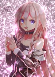 Rule 34 | 1girl, bad id, bad pixiv id, bare shoulders, blue eyes, braid, collar, collarbone, commentary, glitter, highres, ia (vocaloid), lens flare, long hair, looking at viewer, own hands together, platinum blonde hair, shirt, skirt, smile, solo, strapless, strapless shirt, takepon1123, twin braids, twitter username, upper body, vocaloid