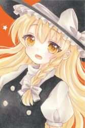 Rule 34 | 1girl, black vest, blonde hair, bow, braid, commentary request, hair bow, hat, hat bow, kirisame marisa, light blush, long hair, looking at viewer, marker (medium), open mouth, orange background, puffy short sleeves, puffy sleeves, short sleeves, side braid, single braid, smile, solo, star (symbol), touhou, traditional media, turtleneck, vest, white bow, witch hat, yellow eyes, yuuki hana (jtnp5334)