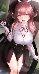 Rule 34 | 1girl, absurdres, aru (blue archive), black skirt, blue archive, blunt bangs, blush, breasts, chair, collared shirt, deras, dress shirt, gloves, halo, highres, large breasts, long hair, long sleeves, looking at viewer, neck ribbon, open mouth, pencil skirt, phone, pink hair, red ribbon, ribbon, shirt, sitting, skirt, smile, solo, thighs, white gloves, white shirt, yellow eyes