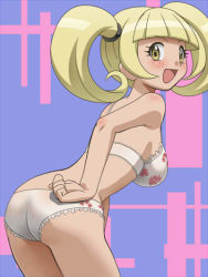 Rule 34 | 10s, 1girl, ass, awa, blonde hair, blush, bra, breasts, creatures (company), female focus, floral print, frilled bra, frilled panties, frills, from behind, furisode girl (pokemon), furisode girl katherine, game freak, hair tie, hand on own hip, jpeg artifacts, large breasts, leaning forward, looking at viewer, looking back, matching hair/eyes, nintendo, npc trainer, open mouth, panties, pokemon, pokemon xy, purple background, simple background, smile, solo, standing, twintails, two-tone background, underwear, underwear only, white bra, white panties, yellow eyes