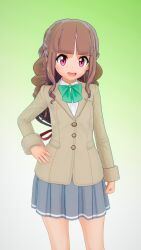 Rule 34 | 1girl, 3d, artist request, brown hair, digimon, digimon ghost game, hand on own hip, highres, long hair, looking at viewer, open mouth, pink eyes, school, school uniform, smile, solo, solo focus, standing, tsukiyono ruli, very long hair