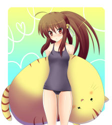 Rule 34 | black one-piece swimsuit, blush, brown hair, little busters!, long hair, masayu, natsume rin, one-piece swimsuit, ponytail, red eyes, school swimsuit, solo, stuffed animal, stuffed toy, swimsuit