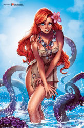 Rule 34 | 1girl, ariel (disney), elias chatzoudis, flower, flower on head, jewelry, necklace, red hair, shell, shell necklace, tagme, tentacles, the little mermaid