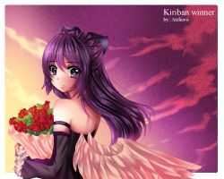 Rule 34 | 1girl, angel, bare back, bare shoulders, black eyes, bouquet, bow, detached sleeves, disolia, flower, french text, frills, hair bow, hair ribbon, long hair, original, purple eyes, purple hair, ribbon, sad, solo, sunset, wings