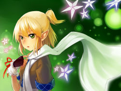 Rule 34 | 1girl, blonde hair, blouse, eyelashes, female focus, fingerless gloves, gloves, green background, green eyes, half updo, highres, light particles, lips, looking at viewer, mizuhashi parsee, pointy ears, ponytail, ribbon, scarf, shirt, short hair, sidelocks, simple background, solo, star (symbol), touhou, upper body, wrist cuffs, yomio