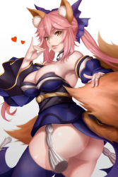 Rule 34 | 10s, 1girl, animal ears, ass, bell, blue thighhighs, bow, breasts, cleavage, collar, detached sleeves, dydydyok, fate/extra, fate (series), fox ears, fox shadow puppet, fox tail, hair bow, hair ribbon, heart, highres, japanese clothes, large breasts, neck bell, pink hair, ribbon, simple background, solo, tail, tamamo no mae (fate/extra), thighhighs, white background, yellow eyes