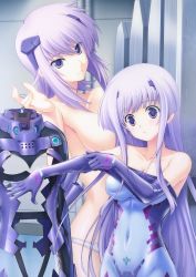 Rule 34 | 2girls, absurdres, artist request, bare shoulders, bodysuit, breasts, censored, cleavage, collarbone, convenient censoring, covered navel, cryska barchenowa, dressing, fortified suit, hair ornament, highres, inia sestina, light purple hair, long hair, multiple girls, muv-luv, muv-luv alternative, muv-luv total eclipse, panties, parted lips, purple eyes, purple hair, tilted head, total eclipse, underwear, very long hair, white panties