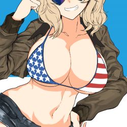 Rule 34 | 1girl, american flag bikini, american flag bikini top, american flag print, bikini, bikini under clothes, blonde hair, blue background, breasts, cleavage, contrapposto, cutoff jeans, cutoffs, dutch angle, flag print, girls und panzer, groin, hand on own hip, head out of frame, kay (girls und panzer), large breasts, long hair, navel, nokogiriotoko, print bikini, smile, solo, swimsuit, white background