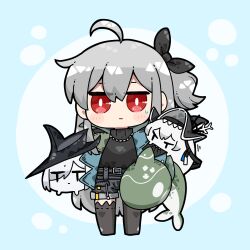 Rule 34 | 3girls, ahoge, arknights, black shirt, dog-san, dragon bubble (arknights), gladiia (arknights), grey hair, hair ornament, hat, highres, jacket, jewelry, long hair, multiple girls, necklace, open clothes, open jacket, red eyes, shirt, shorts, skadi (arknights), skadi (the next afternoon tea) (arknights), specter (arknights), specter the unchained (arknights), stuffed animal, stuffed toy, thighhighs