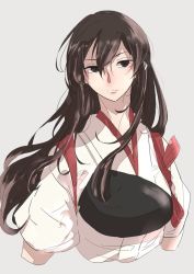 Rule 34 | 10s, 1girl, akagi (kancolle), brown eyes, brown hair, closed mouth, commentary, expressionless, hair between eyes, hisaki (morenabe), japanese clothes, kantai collection, long hair, looking at viewer, muneate, simple background, solo, straight hair, tasuki, upper body