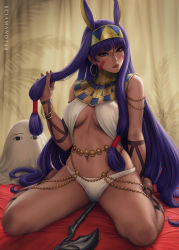 Rule 34 | &lt;o&gt; &lt;o&gt;, 1girl, 2018, animal ears, armlet, artist name, bangle, bare legs, bare shoulders, beads, bed, bed sheet, belly chain, between legs, bracelet, branch, breasts, breasts apart, canopy bed, closed mouth, commentary, curtains, dark-skinned female, dark skin, earrings, egyptian, egyptian clothes, english commentary, facial mark, fate/grand order, fate (series), fingernails, full body, groin, hair between eyes, hair rings, hair tubes, head tilt, highres, holding, holding hair, hoop earrings, indoors, jackal ears, jewelry, lips, long hair, looking at viewer, makeup, mascara, medium breasts, medjed (fate), navel, nitocris (fate), nose, panties, purple eyes, purple hair, realistic, resolution mismatch, sciamano240, signature, sitting, solo, source smaller, staff, stomach, tiara, translucent, underwear, very long hair, wariza, white panties