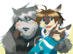 2boys ahoge animal_ears arm_around_shoulder black_tank_top blue_jacket blush brown_fur brown_hair claws closed_mouth commentary_request dog_boy dog_ears dog_nose dog_tags furry furry_male grey_fur grey_hair hood hood_down hooded_jacket jacket jewelry kouya_aotsuki looking_at_viewer looking_to_the_side male_focus morenatsu multiple_boys necklace open_mouth pawpads shun_kodori smile tank_top toratora_(toratorayatora) v wolf_boy wolf_ears