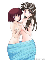 Rule 34 | :o, black hair, breasts, brown hair, collarbone, covering privates, katsu aki, long hair, looking at viewer, medium breasts, navel, open mouth, purple eyes, short hair, simple background, white background
