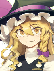 1girl black_vest blonde_hair boa_(brianoa) braid hair_between_eyes hat kirisame_marisa long_hair looking_at_viewer ribbon shirt smile solo touhou upper_body vest white_background white_shirt witch_hat yellow_eyes