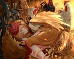 Rule 34 | 1girl, animal, animal on shoulder, beak, besuteia, bird, bird tail, bird wings, blonde hair, bow, bowtie, breasts, brooch, brown dress, chick, chicken, claws, closed eyes, dress, facing viewer, feathered wings, highres, jewelry, light particles, lying, medium breasts, medium hair, multicolored hair, niwatari kutaka, on side, orange dress, parted lips, puffy short sleeves, puffy sleeves, red bow, red bowtie, red hair, short sleeves, sidelighting, simple background, sleeping, smile, solo, tail, talons, teeth, touhou, two-tone hair, upper body, vest, white background, white vest, wings