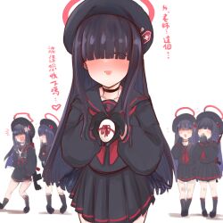 Rule 34 | 5girls, anger vein, assault rifle, beret, black choker, black footwear, black gloves, black hair, black serafuku, black skirt, black socks, black wings, blue archive, blunt bangs, blush, blush stickers, bullpup, chinese text, choker, collarbone, commentary request, egg, em-2, extra, faceless, faceless female, feathered wings, full-face blush, giving, gloves, gun, hair over eyes, halo, hat, heart, highres, justice task force member (blue archive), long sleeves, multiple girls, neckerchief, pleated skirt, red eyes, red halo, red neckerchief, red ribbon, ribbon, rifle, school uniform, serafuku, shiming liangjing, simple background, skirt, socks, spoken heart, standing, surprised, sweatdrop, translation request, weapon, white background, wings