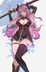 1girl absurdres asymmetrical_gloves asymmetrical_legwear belt boots braid breasts bug butterfly cleavage_cutout clothing_cutout demon_horns draph gloves granblue_fantasy hair_ornament hair_over_one_eye highres horns insect large_breasts long_hair mufeng_(user_eyvh3584) narmaya_(granblue_fantasy) purple_eyes purple_hair single_braid single_thighhigh solo thigh_strap thighhighs uneven_gloves