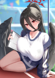 Rule 34 | 1girl, absurdres, black choker, black hair, black wings, blue archive, blue jacket, blue shorts, blue sky, blurry, blurry background, breast lift, breasts, choker, clipboard, day, feathered wings, gym shirt, gym shorts, gym uniform, hair between eyes, halo, hasumi (blue archive), hasumi (track) (blue archive), highres, iori (nanonamuco), jacket, large breasts, large wings, long hair, long sleeves, looking at viewer, low wings, mole, mole under eye, official alternate costume, open clothes, open jacket, parted lips, partially unzipped, pink nails, ponytail, red eyes, red halo, shirt, short shorts, shorts, sitting, sky, solo, stadium, thighs, track and field, track jacket, white shirt, wings, yokozuwari, zipper