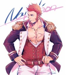 Rule 34 | 1boy, abs, artist name, bara, beard, belt, black ribbon, blue eyes, brown hair, character name, closed mouth, collar, collared shirt, cowboy shot, epaulettes, facial hair, fate/grand order, fate (series), fringe trim, goatee, hand on own hip, jacket, long sideburns, long sleeves, male focus, military, military uniform, muscular, napoleon bonaparte (fate), open clothes, open jacket, open shirt, pants, pectoral cleavage, pectorals, revealing clothes, ribbon, scar, shirt, sideburns, signature, simple background, sketch, smile, solo, standing, tight clothes, uniform, upper body, white background, white pants, yume100 asu