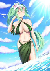 Rule 34 | 1girl, absurdres, bare shoulders, beach, bikini, breasts, cleavage, cloud, green bikini, green hair, green heart (neptunia), hair ornament, hairclip, highres, large breasts, lilies, long hair, neptune (series), ocean, partially submerged, pink lily, ponytail, purple eyes, sky, smile, smug, solo, swimsuit, thighs, vert (neptunia), wading, water, yolo generations