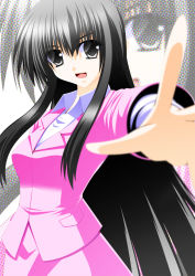 Rule 34 | 1girl, :d, alternate costume, black eyes, black hair, contemporary, engo (aquawatery), female focus, foreshortening, formal, grey eyes, houraisan kaguya, long hair, open mouth, outstretched hand, skirt, smile, solo, suit, touhou, very long hair, white background, zoom layer