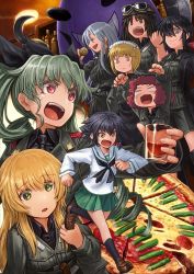 Rule 34 | 6+girls, alternate costume, anchovy (girls und panzer), anzio military uniform, apron, bar (place), belt, black apron, black belt, black coat, black eyes, black hair, black hat, black neckwear, black ribbon, black shirt, black socks, blank eyes, blonde hair, blouse, blunt bangs, blush stickers, braid, brown eyes, brown footwear, carpaccio (girls und panzer), character name, circle name, closed eyes, closed mouth, coat, commentary request, cup, curly hair, cutlass (girls und panzer), dark-skinned female, dark skin, dated, dress shirt, drill hair, drinking glass, emblem, english text, flint (girls und panzer), food, frown, girls und panzer, goggles, goggles on headwear, green eyes, green hair, green skirt, grey hair, grey jacket, grey skirt, hair over one eye, hair ribbon, hat, helmet, highres, holding, holding cup, holding microphone, indoors, jacket, kneehighs, lain, loafers, long hair, long sleeves, looking at another, maid headdress, microphone, military, military uniform, miniskirt, multiple girls, murakami (girls und panzer), neckerchief, necktie, ogin (girls und panzer), ooarai school uniform, open clothes, open coat, open mouth, pepperoni (girls und panzer), pizza, pleated skirt, raised fist, raised fists, red eyes, red hair, ribbon, rum (girls und panzer), running, school uniform, serafuku, shark, shirt, shoes, short hair, side braid, skirt, smile, socks, standing, sweatdrop, twin drills, twintails, uniform, v-shaped eyebrows, waist apron, white shirt, yellow eyes