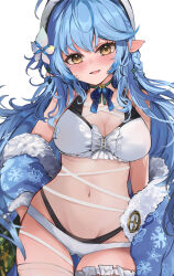Rule 34 | 1girl, ahoge, alternate costume, appleseed (appleseed art), bikini, black bikini, blue coat, blue hair, blush, breasts, cameltoe, cleavage, coat, collarbone, elf, flower, fur trim, hair flower, hair ornament, hat, highres, hololive, large breasts, long hair, navel, off shoulder, pointy ears, simple background, snow print, solo, swimsuit, thighs, two-tone bikini, very long hair, virtual youtuber, white background, white bikini, white hat, yellow eyes, yukihana lamy