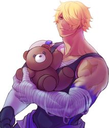 Rule 34 | 1boy, bandages, bandaged arm, bandages, bara, bare shoulders, black tank top, blonde hair, character request, chillasan, cross scar, gyee, hair over one eye, holding, holding stuffed toy, male focus, muscular, muscular male, pectorals, sarashi, scar, scar on arm, short hair, sidepec, solo, stuffed animal, stuffed toy, tank top, teddy bear, upper body, white background