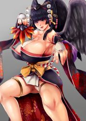 Rule 34 | 1girl, absurdres, areola slip, bad id, bad pixiv id, black hair, black wings, blunt bangs, breasts, bridal gauntlets, cleavage, commentary request, dead or alive, dead or alive 5, detached sleeves, feathered wings, fighting stance, floral print, hair ornament, hair stick, hair tubes, hat, highres, hime cut, japanese clothes, large breasts, licking lips, long hair, looking at viewer, mole, mole under mouth, nyotengu, obi, overskirt, panties, purple eyes, sash, silver background, simple background, solo, sonparesu, strapless, tengu, tokin hat, tongue, tongue out, underwear, white panties, wings