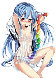 Rule 34 | 1girl, armpits, arms behind head, arms up, barefoot, blue hair, blush, breasts, camisole, female focus, highres, hinanawi tenshi, jewelry, legs, long hair, maturiuta sorato, navel, nipples, no headwear, panties, pendant, red eyes, see-through, simple background, sitting, small breasts, solo, touhou, underwear, undressing
