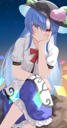Rule 34 | 1girl, absurdres, anima miko, apron, black hat, blue hair, blue skirt, blush, bow, center frills, closed mouth, collared shirt, commentary request, crossed legs, face, frilled skirt, frills, hand on own face, hat, highres, hinanawi tenshi, leaf, long hair, looking at viewer, night, night sky, outdoors, peach hat ornament, puffy short sleeves, puffy sleeves, rainbow order, red bow, red eyes, shirt, short sleeves, sitting, skirt, sky, smile, solo, sunset, touhou, very long hair, waist apron, white apron, white shirt