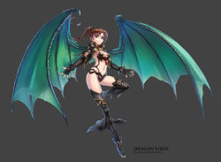 1girl armor bikini_armor black_capelet black_footwear black_gloves black_thighhighs breasts brown_hair capelet detached_sleeves dragon_wings fingerless_gloves full_body gloves grey_background highres long_hair looking_at_viewer navel original ponytail shoes small_breasts solo thighhighs wings wolksheep