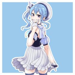 Rule 34 | 1girl, ahoge, armband, beret, blue background, blue eyes, blue hair, blue thighhighs, breasts, gloves, hair ornament, half gloves, hat, holding, holding microphone, hololive, hoshimachi suisei, hoshimachi suisei (old design), looking at viewer, microphone, one side up, simple background, skirt, small breasts, smile, solo, teeth, thighhighs, tsumidango, v, virtual youtuber, white gloves, white hat, white skirt, zettai ryouiki