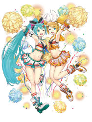 Rule 34 | 2girls, ;d, alternate hairstyle, aqua eyes, aqua hair, armpits, artist request, blonde hair, blue eyes, boots, bow, breasts, cheerleader, cleavage, collarbone, confetti, crop top, detached collar, detached sleeves, frilled shirt, frills, full body, hair bow, hair ribbon, hatsune miku, high heels, high ponytail, highres, kagamine rin, long hair, medium breasts, midriff, miniskirt, multiple girls, navel, necktie, one eye closed, open mouth, outstretched arm, pleated skirt, pom pom (cheerleading), ponytail, ribbon, shirt, short necktie, skirt, small breasts, smile, socks, sparkle, swept bangs, thigh gap, twintails, very long hair, vocaloid, white background, wrist cuffs