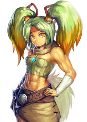 Rule 34 | + +, 1girl, abs, arm warmers, belt, blonde hair, breasts, cowboy shot, duel monster, frown, gradient hair, green hair, hair ribbon, hair tubes, hand on own hip, headband, jewelry, long hair, looking at viewer, midriff, miniskirt, multicolored hair, muscular, muscular female, orange hair, parted bangs, pendant, pouch, red hair, reeze whirlwind of gusto, ribbon, scarf, simple background, skirt, small breasts, solo, strapless, symbol-shaped pupils, tail, tan, tube top, twintails, white background, yellow eyes, yilx, yu-gi-oh!