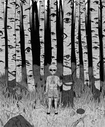 Rule 34 | 1boy, aged down, bruise, donquixote doflamingo, expressionless, forest, full body, greyscale, gun, holding, holding gun, holding weapon, injury, looking at viewer, male focus, mg cls, monochrome, nature, one piece, shirt, short hair, shorts, solo, standing, straight-on, sunglasses, symbolism, tree, weapon