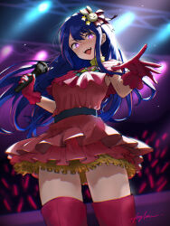 Rule 34 | 1girl, :d, absurdres, backlighting, blue hair, blush, commentary request, cowboy shot, dress, fang, floating hair, gloves, glowstick, hair between eyes, hair ornament, hair ribbon, hands up, head tilt, heart-shaped ornament, highres, holding, holding microphone, hoshino ai (oshi no ko), hylran0427, indoors, long hair, looking at viewer, microphone, open mouth, oshi no ko, outstretched hand, petticoat, pink dress, pink gloves, pink ribbon, pink thighhighs, purple eyes, rabbit hair ornament, ribbon, short dress, signature, sleeveless, sleeveless dress, smile, solo, stage, stage lights, star-shaped pupils, star (symbol), star hair ornament, symbol-shaped pupils, teeth, thighhighs, upper teeth only, v-shaped eyebrows, very long hair, zettai ryouiki