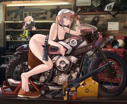 Rule 34 | 0w0, 1girl, absurdres, adjustable wrench, ar-15, assault rifle, banana (girls&#039; frontline), baseball cap, black camisole, black choker, black panties, blue eyes, bottomless, box, breasts, camisole, cardboard box, chibi, choker, cleavage, dinergate (girls&#039; frontline), girls&#039; frontline, gloves, griffin &amp; kryuger, gun, hand up, hat, highres, holding, holding clothes, holding panties, holding underwear, holding wrench, leather, leather gloves, m4 sopmod ii jr, medium breasts, megaphone, motor vehicle, motorcycle, multicolored hair, official alternate costume, on motorcycle, panties, unworn panties, pink hair, rifle, sawkm, screwdriver, shoes, unworn shoes, st ar-15 (breeze in a summer afternoon) (girls&#039; frontline), st ar-15 (girls&#039; frontline), st ar-15 (summer afternoon leisure) (girls&#039; frontline), streaked hair, underwear, weapon, wide oval eyes, wrench