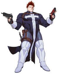 Rule 34 | 1boy, alternate costume, alternate weapon, bara, beard, blue bodysuit, blue eyes, bodysuit, boku no hero academia, boots, bulge, covered abs, dual wielding, endeavor (boku no hero academia), facial hair, full body, gun, harness, holding, holding gun, holding weapon, koooogasya, large pectorals, looking at viewer, male focus, mature male, muscular, muscular male, pectorals, pelvic curtain, red hair, scar, scar across eye, scar on face, sheath, sheathed, short hair, sideburns, solo, spiked hair, stubble, sword, thick thighs, thigh boots, thighhighs, thighs, weapon, white background